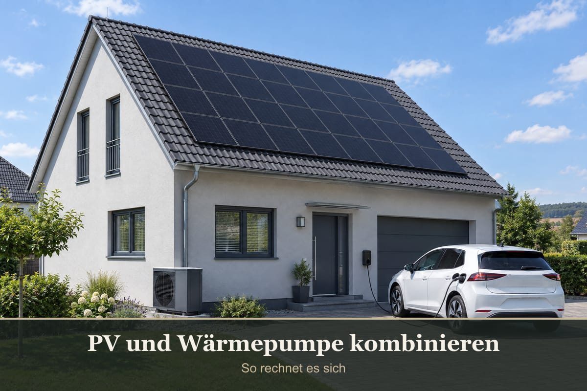 Einfamilienhaus mit Solaranlage auf drei Vierteln des Dachs, Wärmepumpe und E-Auto an der Wallbox